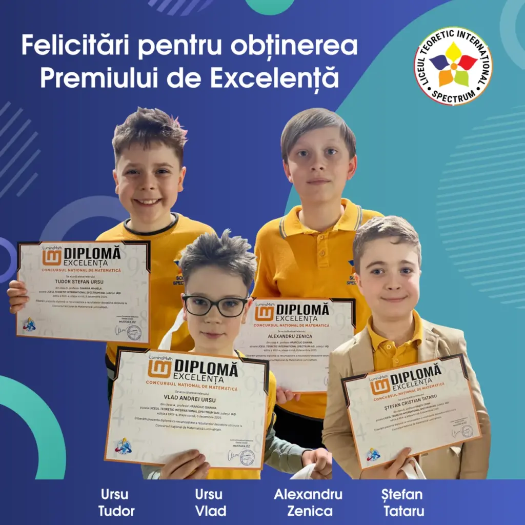 Elevii Școlii Spectrum din Iași premiati la concursul LuminaMath